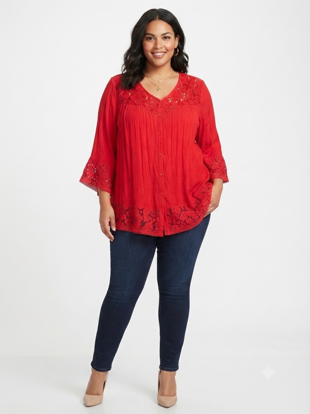 Zac & Rachel Woman Cherry Red Lace Crochet Trim Boho Peasant Top 3X Bell Sleeve